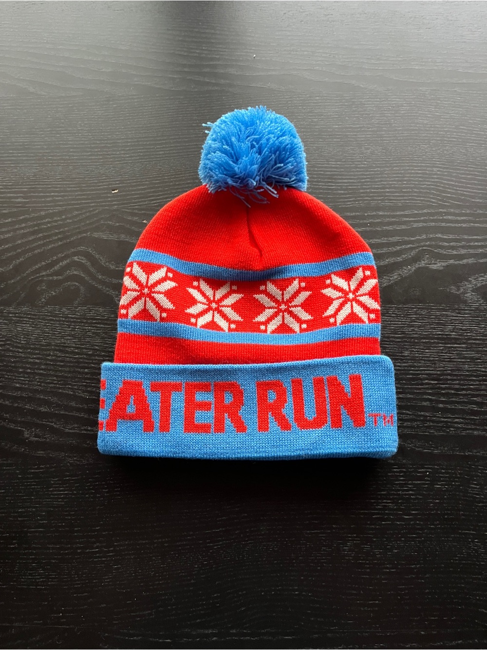 Red & Blue Pom Pom Kids Beanie with 'EATER RUN' Cuff